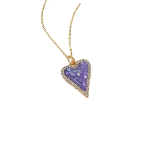 Elegant gold heart pendant necklace with purple mosaic center and sparkling zircon halo
