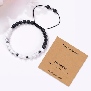 Be Brave Morse code bracelet with natural white turquoise and black lava rock beads