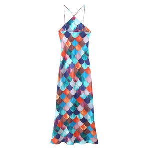 Slim fit mermaid scale print halter neck long dress with backless design for vacations