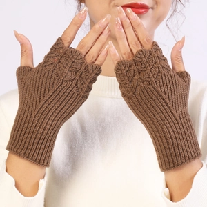 Women's dark brown knitted fingerless gloves with elegant leaf pattern texture