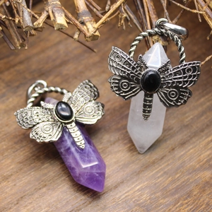 Dragonfly Moth Hexagonal Pillar Natural Stone Crystal Gemstone Pendant Necklace Retro Vintage Style Jewelry For Women