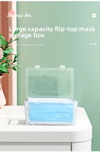 Clear storage box with lid showing stack of blue face masks on a clean white desk