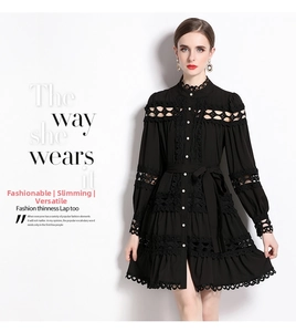 Detail of black hollow lace dress showing intricate crochet patterns and pearl buttons