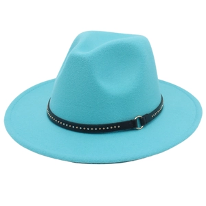 Detail of felt fedora hat with black belt, golden rivets and metal ring accessory