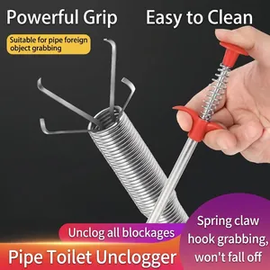 Manual four-claw drain clog remover for sink, toilet, and pipes with spring mechanism