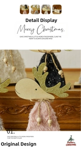 Close-up of wooden reindeer desktop ornaments with glitter antlers and plush texture