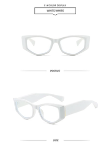 Detailed view of white hexagonal frame cat-eye sunglasses with wide temples and clear lenses