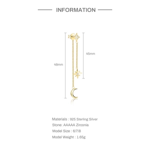 Detailed specifications of gold star and moon sterling silver earrings with AAAAA zirconia