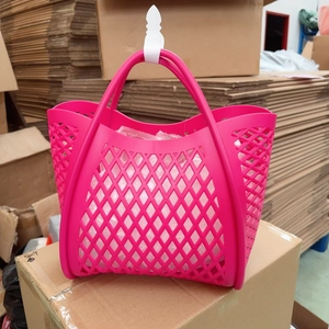 Pink hollow mesh silicone jelly bag for beach and shopping with dual handles