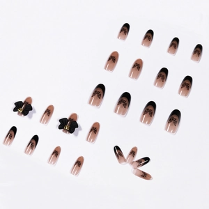 Baroque dark butterfly press-on nails with black French tips and 3D bow decorations