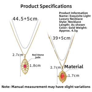 Detailed view of 18K gold vintage oval necklaces with red stone pendants and sizing info