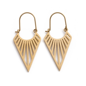 Minimalist gold geometric triangle earrings with ribbed texture on a clean white background