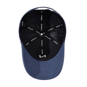 Navy blue cotton baseball cap interior showing sweatband and adjustable metal buckle