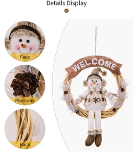 Detail view of snowman Christmas wreath with WELCOME sign, pinecones and white needles