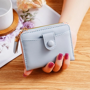 Women Short Wallet PU Leather Tassel Zipper Snap Small Coin Purse Multi Card Slots Fashion Simple