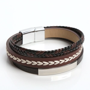 Handmade multi-layer braided leather bracelet with magnetic buckle and steel plate