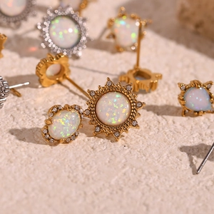 Vintage gold-plated stainless steel stud earrings with opal and rhinestone accents