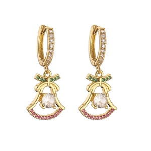 Festive gold Christmas bow earrings with green and pink stones and large zircon