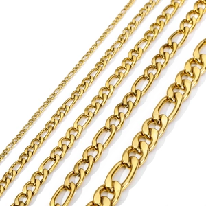 Detail view of five 18k gold plated stainless steel Figaro chains in multiple widths