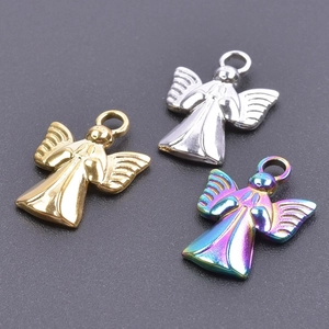 Detailed view of angel-shaped titanium steel pendants in gold, silver, and rainbow finishes