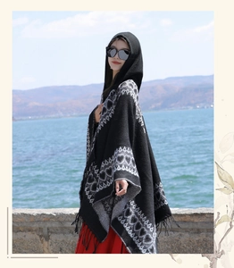 Ethnic style black hooded poncho with grey heart pattern and tassels for outdoor travel