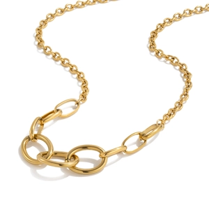Detailed view of a gold stainless steel necklace with oval and round link accents