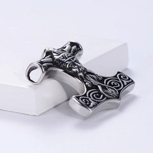 Retro Nordic Viking Thor's Hammer pendant in silver stainless steel with rune engraving