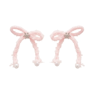 Pink plush bow earrings with silver snowflakes and hanging pearls for women