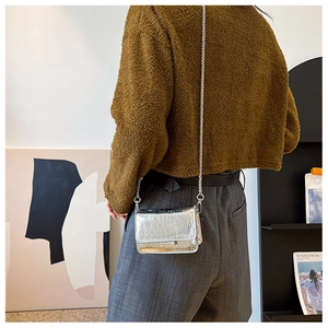 Silver croco-embossed patent leather mini crossbody bag with sleek metal chain