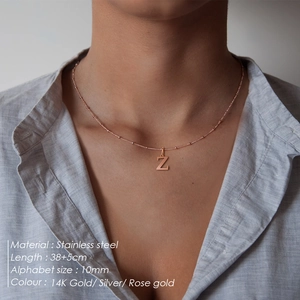 Detailed view of stainless steel initial Z necklace on model with product specifications