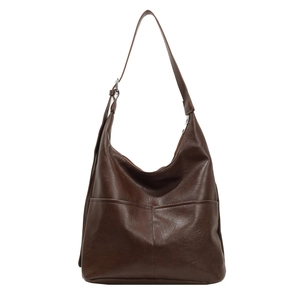 Classic dark brown leather hobo bucket bag with adjustable strap on white background