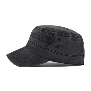 Classic distressed washed black military flat top cap with metallic air vents for men