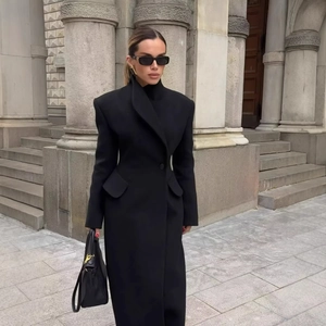 Manteau Long En Laine Style Britannique Élégant Pour Femmes Coupe Slim Revers Simple Boutonnage Polyester Streetwear