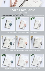 Specifications of transparent PVC 6-ring loose-leaf notebooks in A6, A5, and B5 sizes
