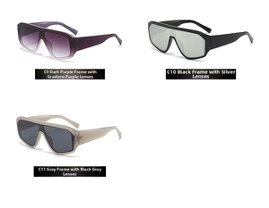 Close-up of oversized wraparound sunglasses in purple, silver mirror, and grey finishes