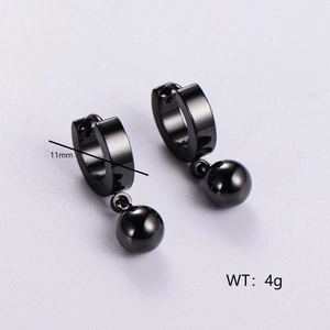 Polished black stainless steel hoop earrings with bead pendants, 11mm inner diameter
