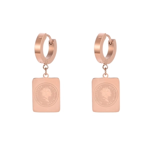 Elegante Ohrringe aus roségoldenem Titanstahl mit rechteckigem Königin-Elisabeth-Münzanhänger