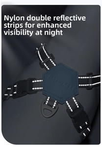 Macro detail of dog harness with nylon reflective strips and durable buckle