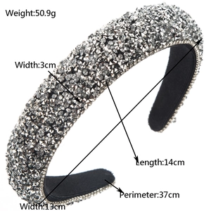 Sparkling full rhinestone padded headband with detailed dimensions for styling