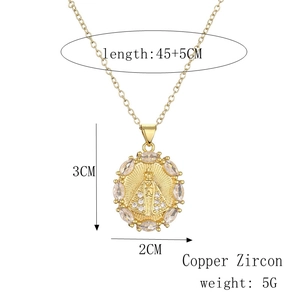 Detailed specs of copper zircon religious pendant with 45+5cm gold plated chain necklace