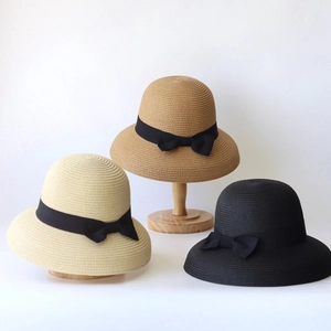 Women Straw Sun Hat Paper Straw Breathable UV Protection Summer Beach Elegant With Black Bow Ribbon Adjustable