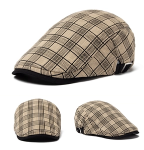 Detailed views of a plaid cotton linen flat cap with adjustable strap and black brim
