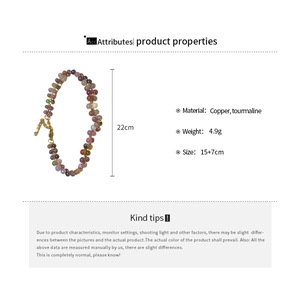 Detailed size specifications for tourmaline beaded bracelet with copper gold plating