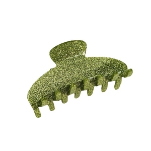 Minimalist green glitter acrylic hair claw clip with curved shark clip design on white background