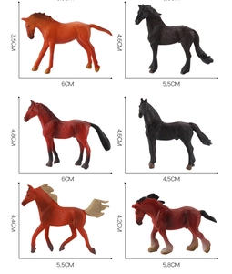 Detailed size chart for six miniature realistic horse figurines in various poses