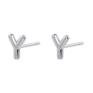 Macro detail of silver letter Y stud earrings with smooth polished finish for women
