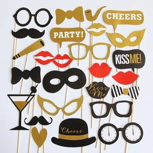 24-piece gold glitter party photo booth props kit with hats, glasses, and moustaches