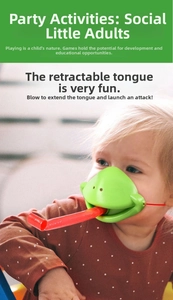 Close-up of child wearing chameleon mask with retractable tongue for interactive party fun