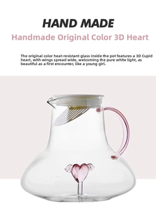 Macro shot of handmade heat-resistant glass pitcher featuring pink heart and angel wings