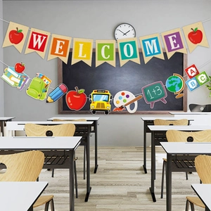 Welcome back to school banner set with colorful educational icons for classroom decoration